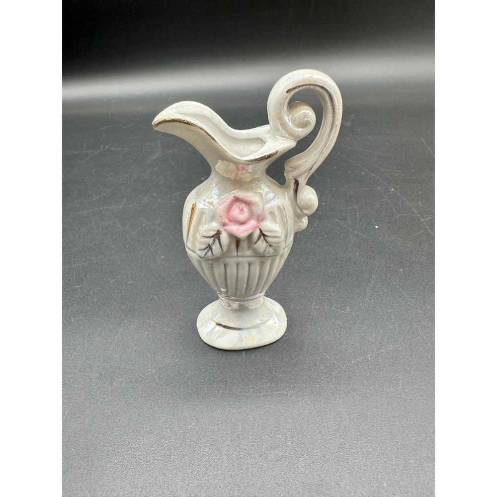 Porcelain‎ Miniature Pitcher Vase with Rose Relief Made in Japan Gold Trim